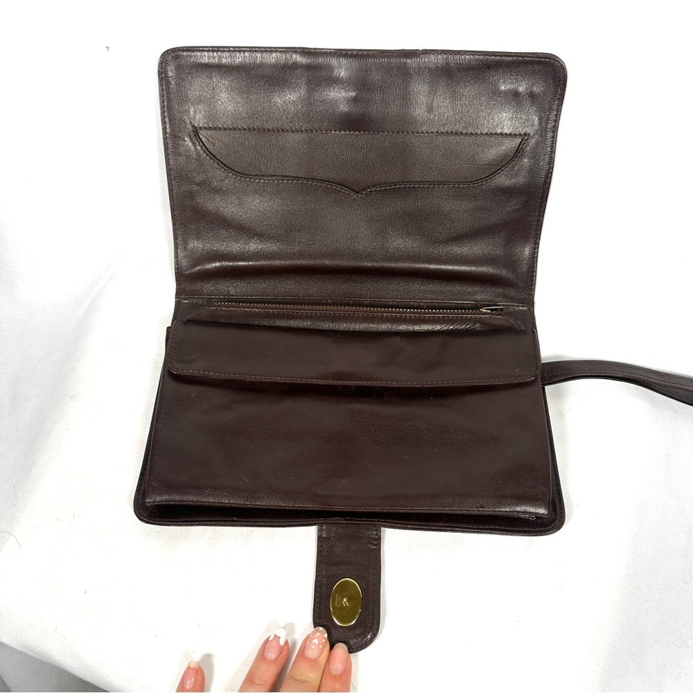 Vintage German Leather Clutch Brown Double-G Corner Hardware 80s Minimalist - Picture 10 of 12